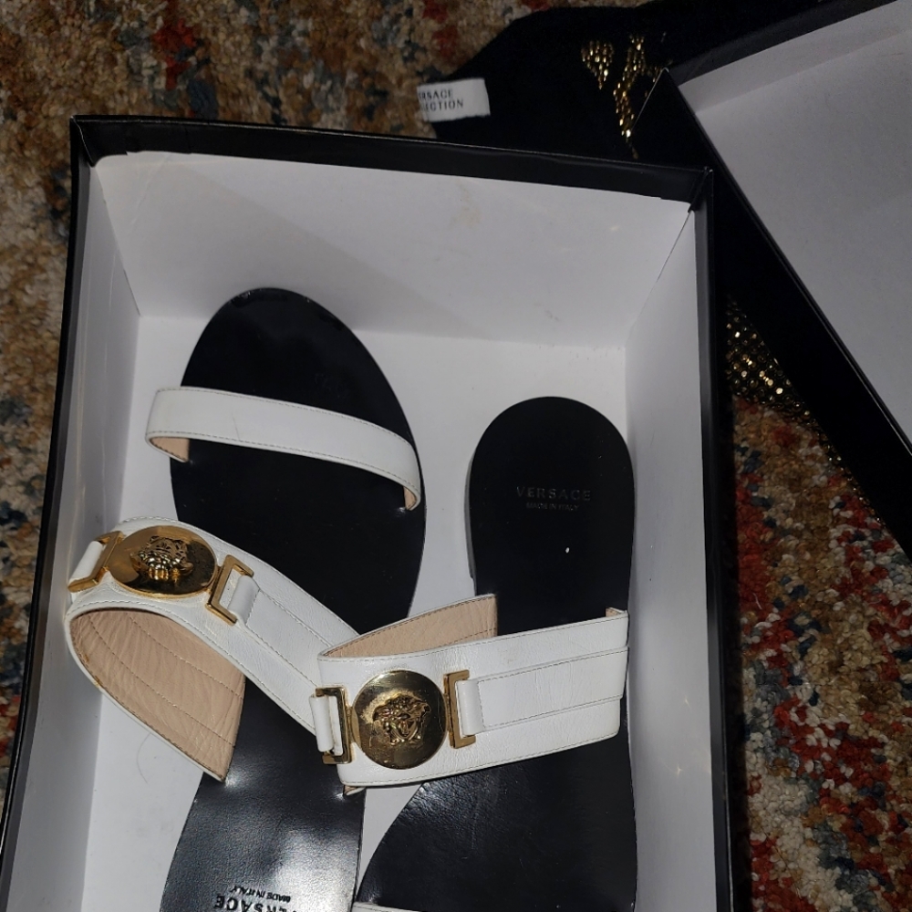 Versace women slides Versace sandals leather white Medusa Palazzo Versace shoes